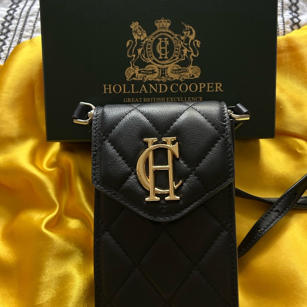 Holland Cooper Black Quilted Crossbody Phone Bag with Gold Logo